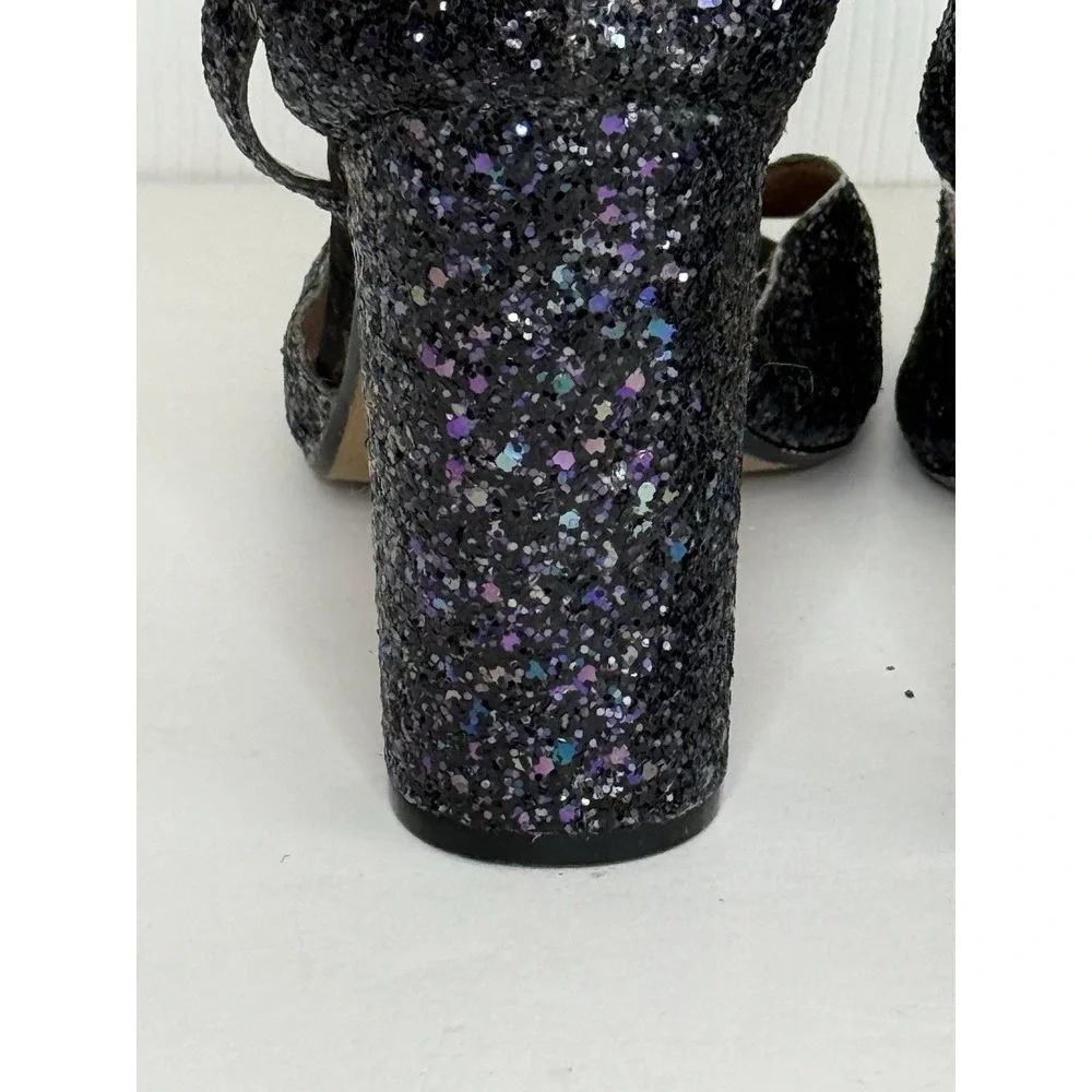 Betsey Johnson Glissten Black Glitter Heels Peep Toe Adjustable Ankle Strap Sz 9 - Picture 12 of 15